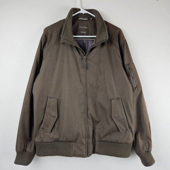 BROWN BOMBER Style JACKET Mens L Calvin Klein Full Zip Utility Pockets Collar - Picture 1 of 16